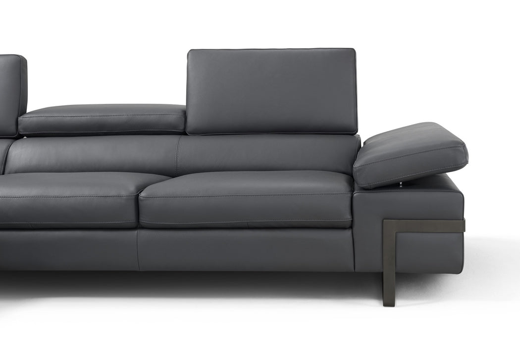 Grey right-hand facing chaise lounge by J & M Furniture, showcasing plush upholstery and modern design.