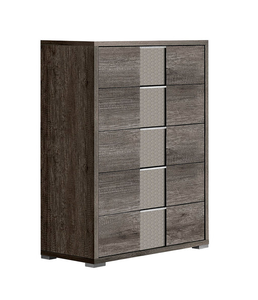 J & M Furniture Portofino Chest with wooden finish and multiple drawers, showcasing elegant storage design.