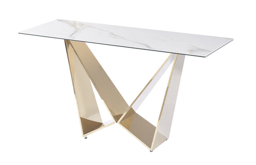 White ceramic and gold J & M Furniture MC Orleans console table with sleek design and modern style.