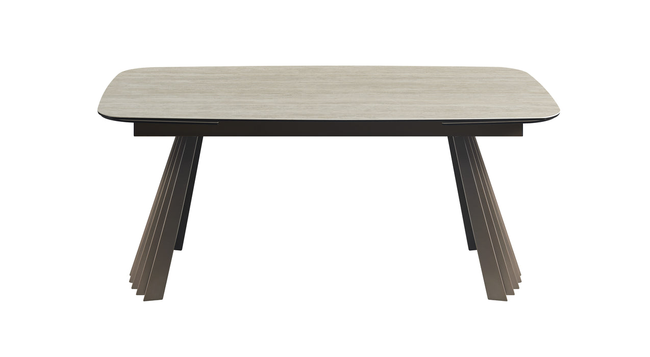 J & M Furniture warm travertine extension dining table with ceramic surface, showing the tabletop and extended leaves.