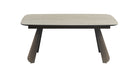 J & M Furniture warm travertine extension dining table with ceramic surface, showing the tabletop and extended leaves.