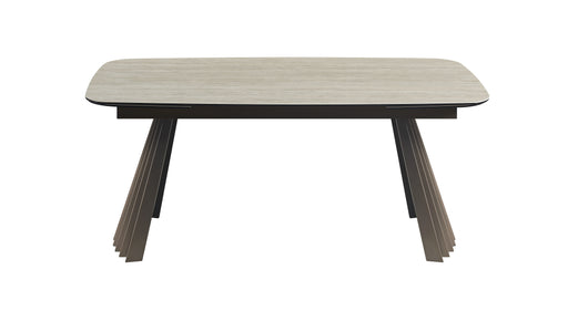 J & M Furniture warm travertine extension dining table with ceramic surface, showing the tabletop and extended leaves.