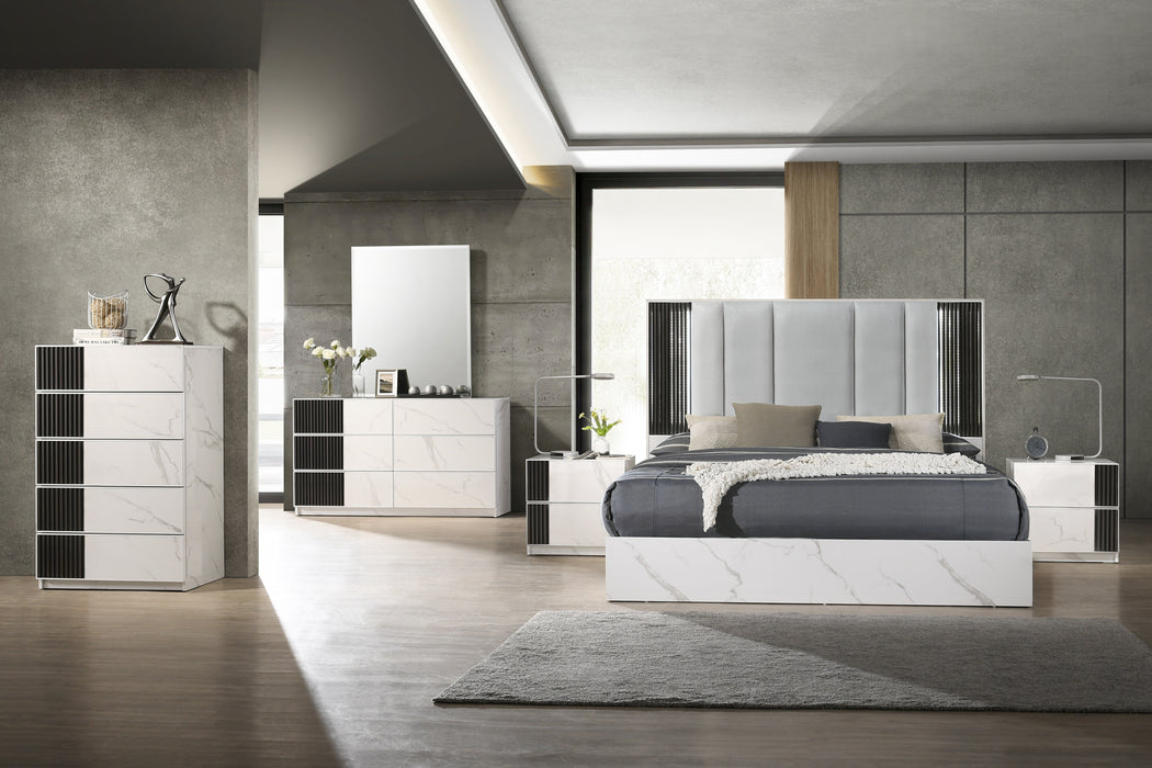 J & M Furniture Bianca dresser with mirror in white and grey, showcasing sleek modern design and smooth finish.