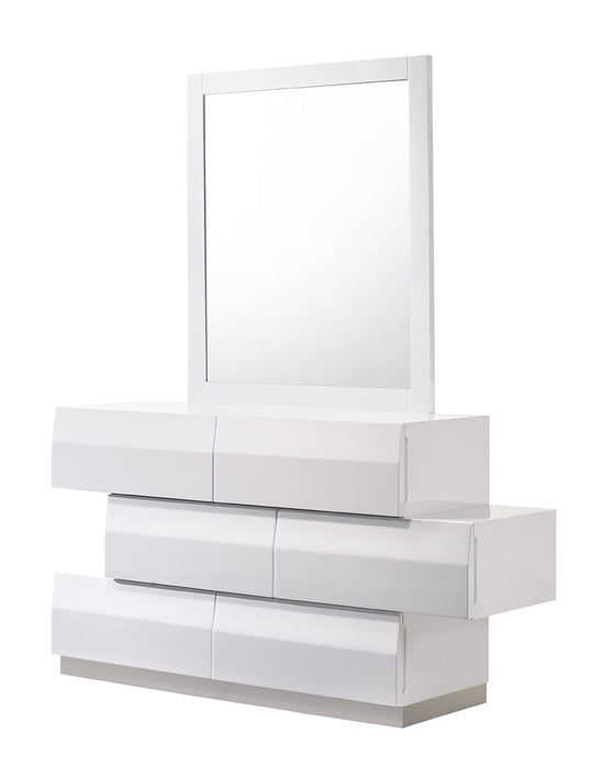 White J & M Furniture Milan dresser and mirror set with sleek design, featuring multiple drawers and a matching wall mirror.