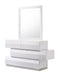 White J & M Furniture Milan dresser and mirror set with sleek design, featuring multiple drawers and a matching wall mirror.