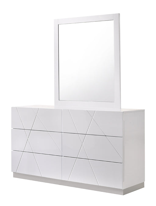 White J & M Furniture Naples dresser with matching mirror, featuring sleek design and ample storage, in a modern bedroom setting.