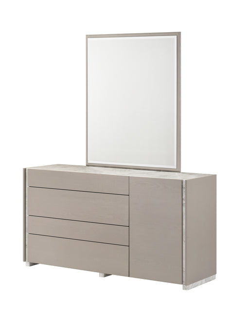 Beige J & M Furniture Pearl dresser with matching mirror showing sleek wood finish and modern design.