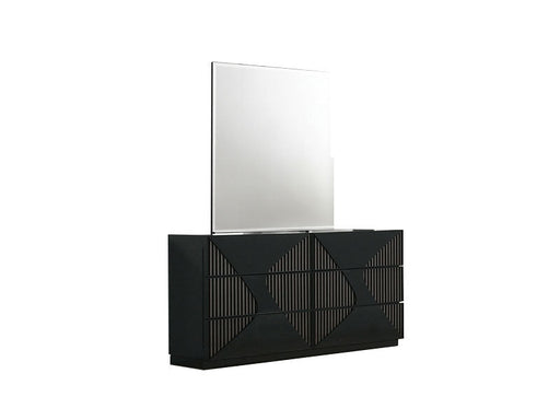 Black J & M Furniture Rosette dresser with matching mirror, showcasing sleek design and elegant hardware.