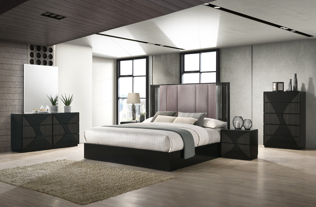 J & M Furniture Rosette dresser and mirror in black, featuring sleek wood finish and modern bedroom storage design.