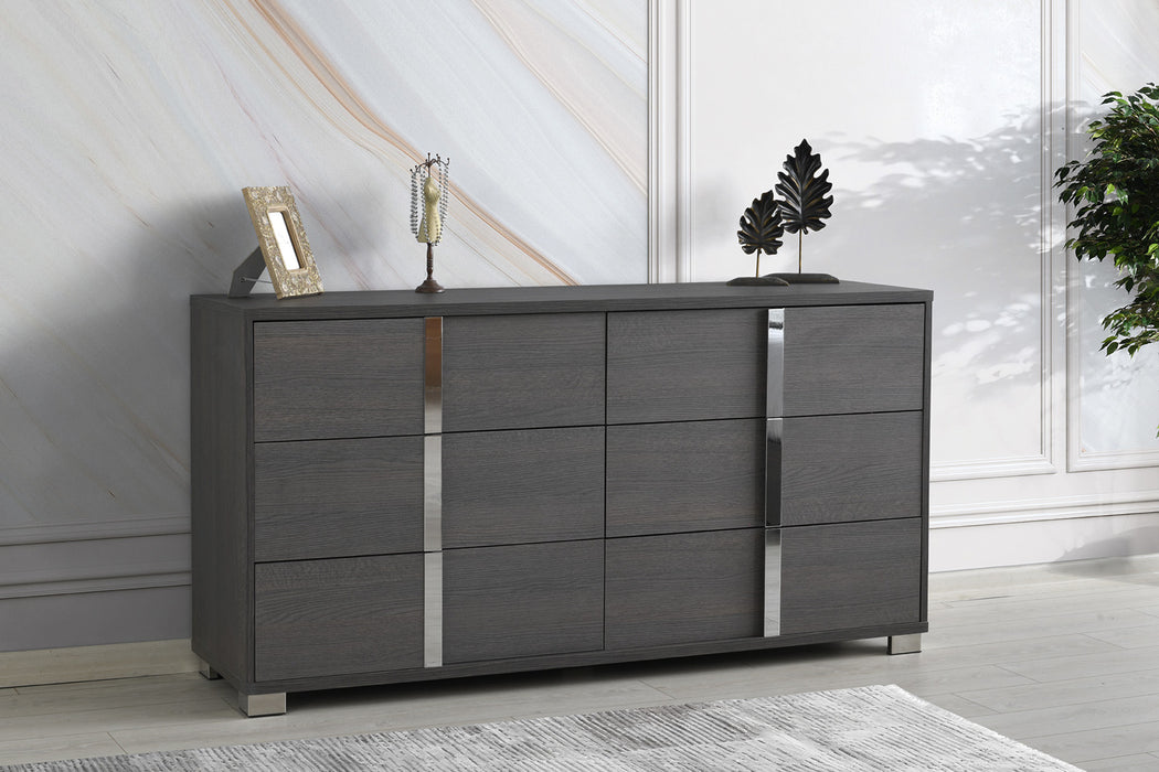 J & M Furniture Giulia dresser in matte gray with sleek modern design, featuring multiple drawers for storage.