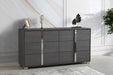 J & M Furniture Giulia dresser in matte gray with sleek modern design, featuring multiple drawers for storage.