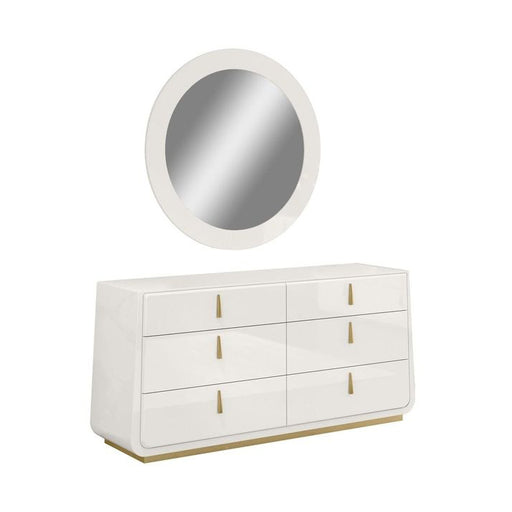 J & M Furniture Luna Oro white dresser with sleek design, multiple drawers, and modern style for bedroom storage.