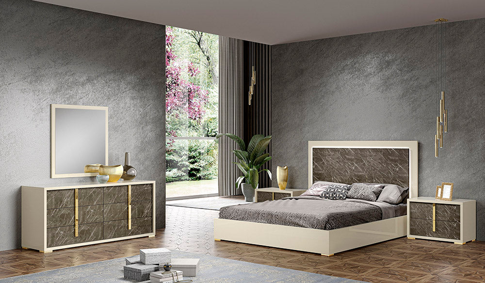 J & M Furniture Sonia dresser with sleek wood finish and multiple drawers, stylish bedroom storage solution.