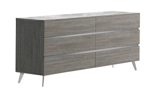 Light grey J & M Furniture Victoria dresser with multiple drawers, sleek design, and modern style for bedroom storage.