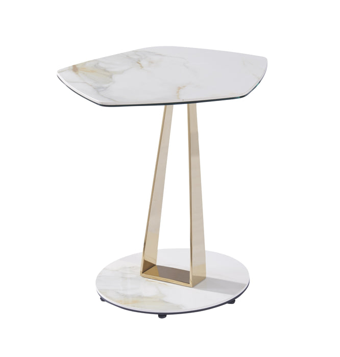 J & M Furniture MC Orleans end table with white ceramic top and gold metal legs, modern design for living room decor