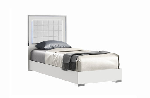 White high gloss full bed by J & M Furniture with sleek modern design and clean lines, shown in a well-lit bedroom setting.