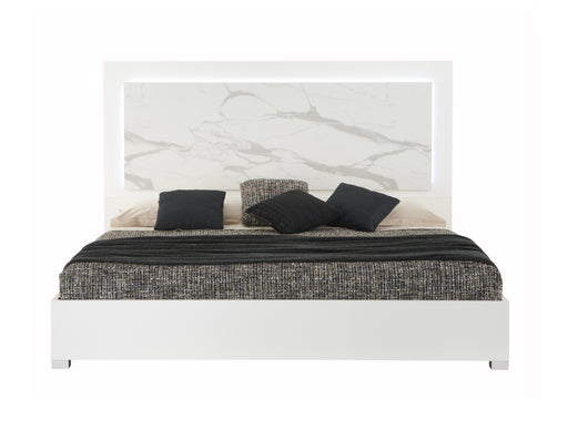J & M Furniture Sonia King Bed in white and grey with a modern upholstered headboard and sleek design.