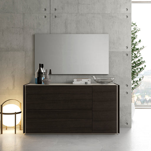 J & M Furniture Lisbon mirror showing a sleek, rectangular design with a wooden frame and clear reflective glass.