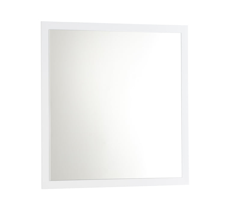 J & M Furniture Sonia mirror with white and grey frame, decorative wall mirror for living room or bedroom decor.