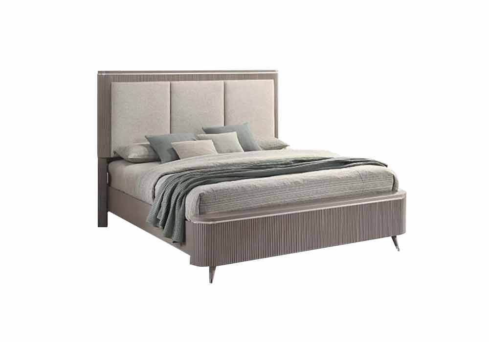 Light grey J & M Furniture Opal Queen Bed with a modern upholstered frame and sleek design.