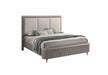 Light grey J & M Furniture Opal Queen Bed with a modern upholstered frame and sleek design.
