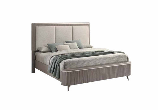 Light grey J & M Furniture Opal Queen Bed with a modern upholstered frame and sleek design.