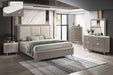Light grey J & M Furniture Opal Queen Bed with upholstered headboard and sleek design, shown in a modern bedroom setting.