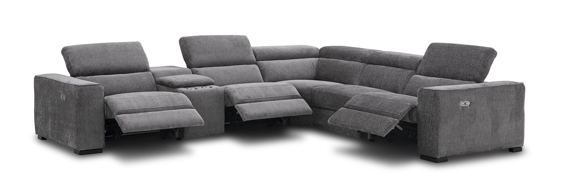 J & M Furniture Picasso Motion Fabric Sectional in dark grey with plush cushions and modern design, perfect for living room comfort.
