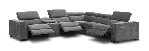 J & M Furniture Picasso Motion Fabric Sectional in dark grey with plush cushions and modern design, perfect for living room comfort.