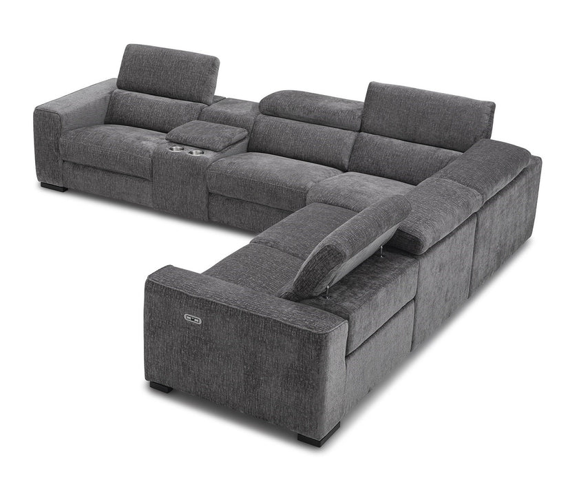 Dark grey J & M Furniture Picasso Motion fabric sectional shown with plush cushions and modern sectional layout.