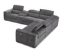 Dark grey J & M Furniture Picasso Motion fabric sectional shown with plush cushions and modern sectional layout.