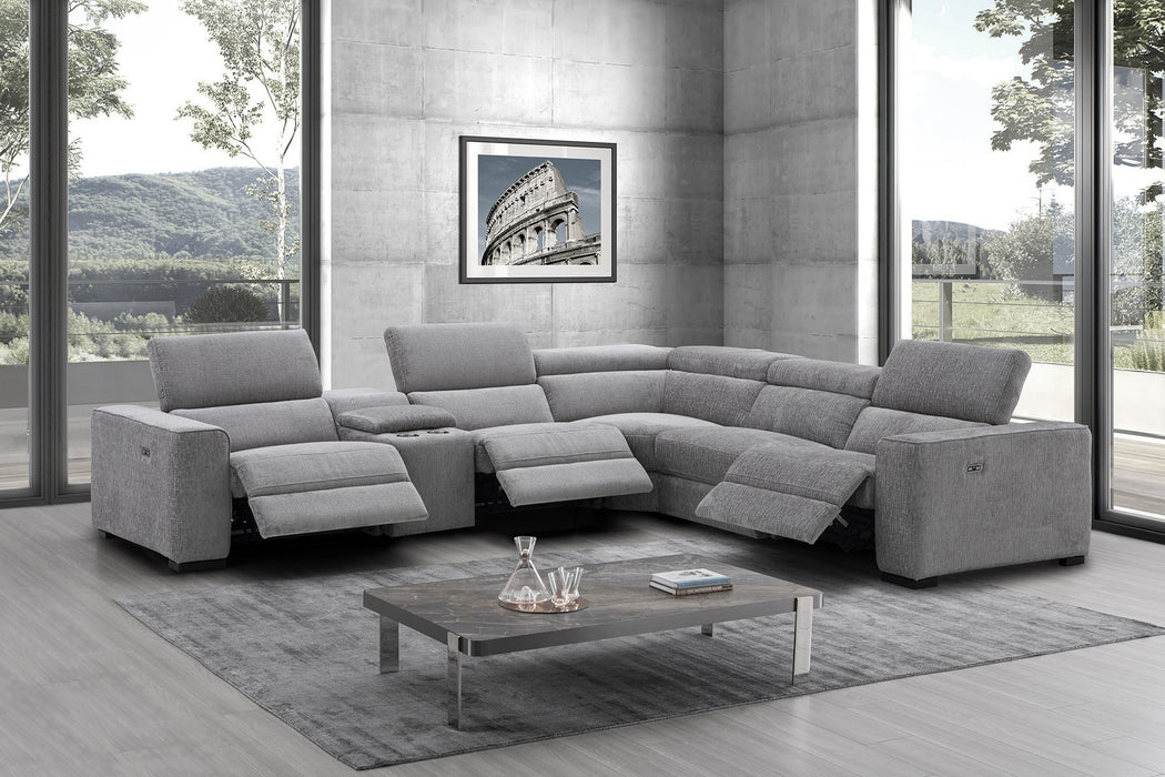 J & M Furniture Picasso Motion fabric sectional in light grey with plush cushions and modern design, perfect for contemporary living rooms.