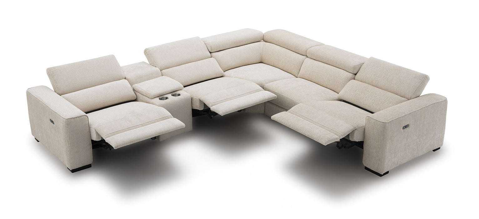 J & M Furniture Picasso motion fabric sectional with beige upholstery and modern design, featuring plush cushions and a reclining feature.