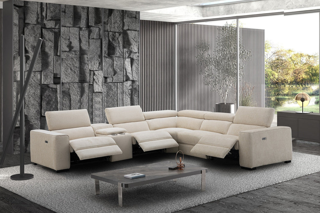 J & M Furniture Picasso motion fabric sectional in sand color, showcasing plush cushions and modern design.