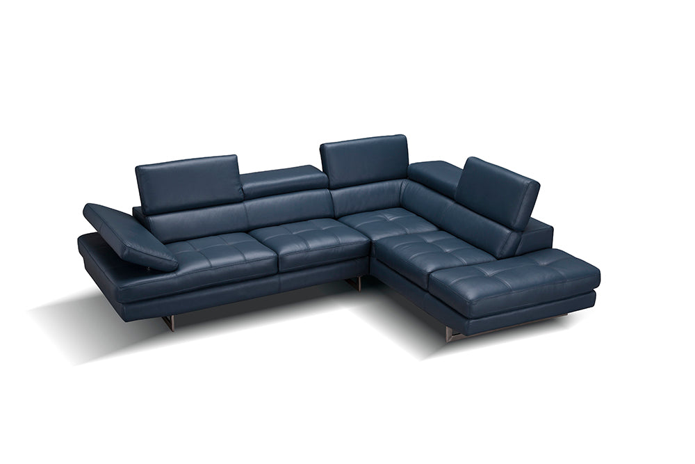 Blue Italian leather sectional sofa by J & M Furniture, right-hand facing, modern design and plush cushions.
