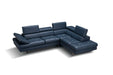 Blue Italian leather sectional sofa by J & M Furniture, right-hand facing, modern design and plush cushions.