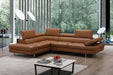 J & M Furniture Italian leather sectional in caramel, left-hand facing, showcasing plush cushions and sleek design.