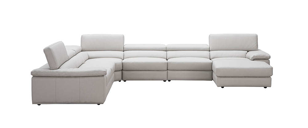 J & M Furniture Kobe right-facing leather sectional in silver grey, featuring plush cushions and modern design for stylish living rooms.