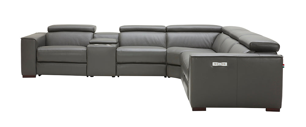 Dark grey J & M Furniture Picasso motion sectional with plush cushions and modern design, perfect for contemporary living rooms.