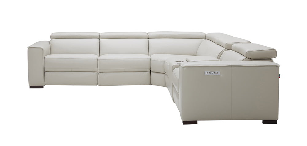 J & M Furniture Picasso motion sectional in silver grey with plush fabric and modern design, featuring reclining seats and chaise lounge.