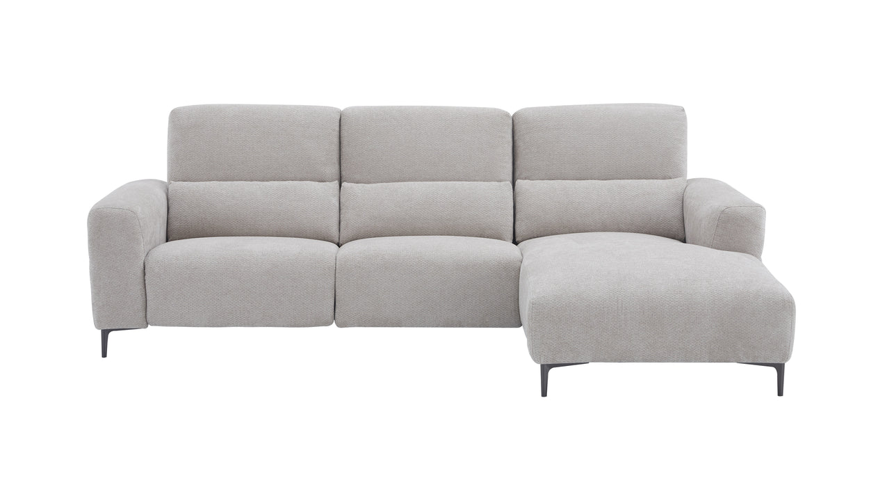 Light gray J & M Furniture Winslow fabric sectional with chaise, featuring plush cushions and modern design.
