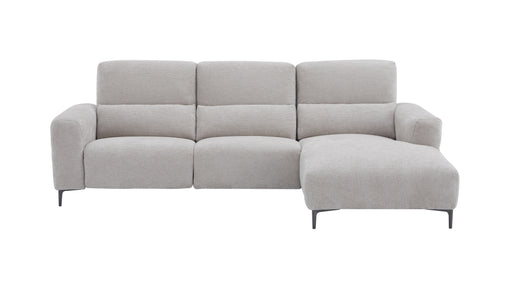 Light gray J & M Furniture Winslow fabric sectional with chaise, featuring plush cushions and modern design.