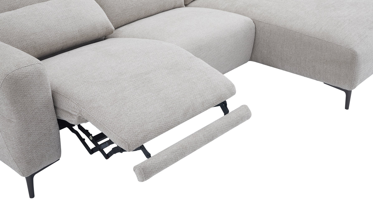 Light gray J & M Furniture Winslow sectional with chaise, showcasing plush fabric, modern design, and spacious seating arrangement.