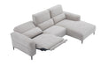 Light gray J & M Furniture Winslow fabric sectional with chaise, showcasing plush cushions and modern design in a cozy living room setting.