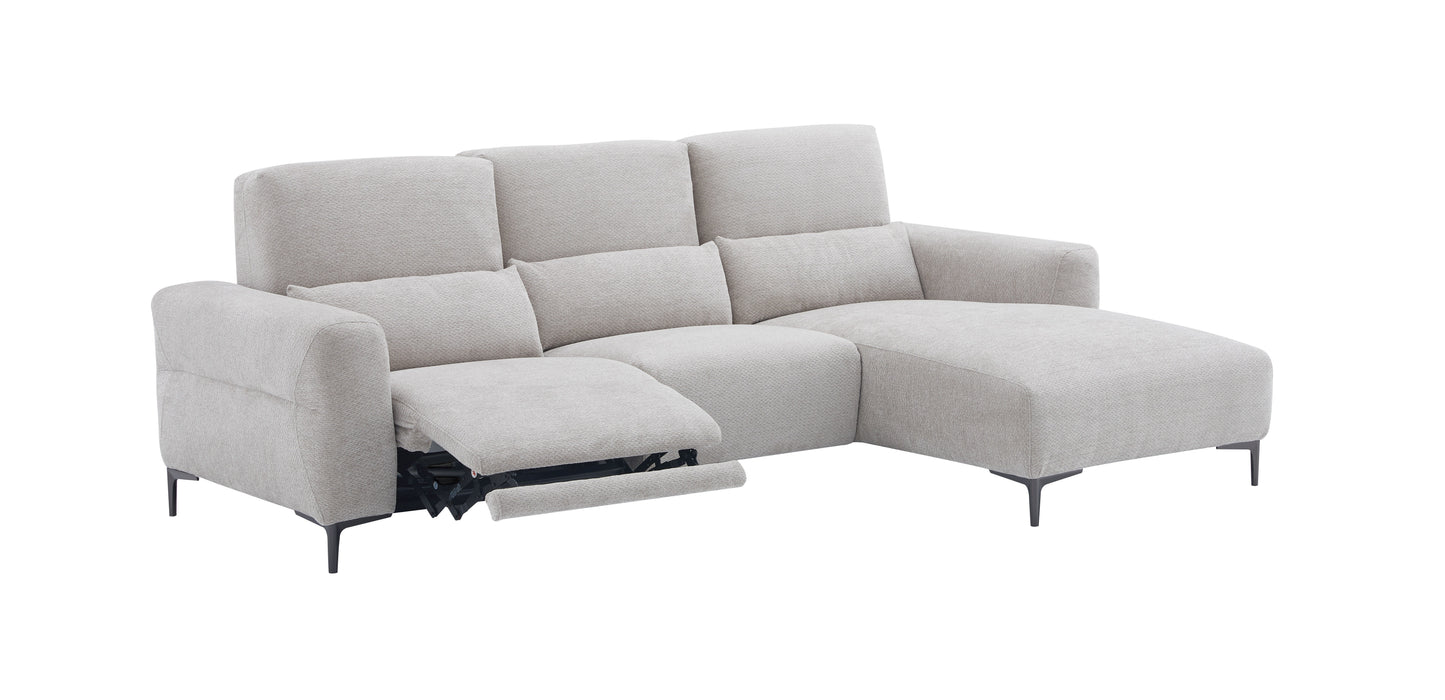Light gray J & M Furniture Winslow fabric sectional with chaise, showcasing plush cushions and modern design.