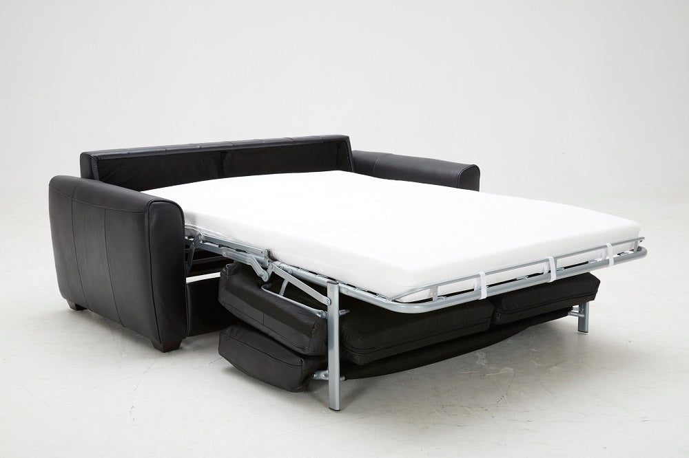 Ventura Premium black Italian leather sofa bed by J & M Furniture, showcasing its sleek sleeper sofa design.