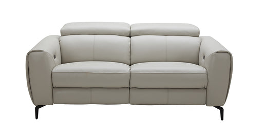 Light grey J & M Furniture Lorenzo love seat in a stationary design with plush cushions and modern style.