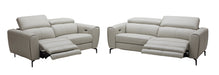Light grey J & M Furniture Lorenzo love seat with plush cushions, stationary design, perfect for modern living rooms.