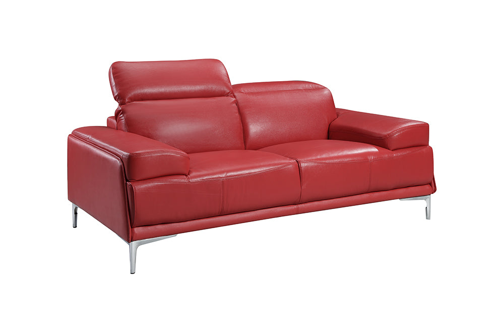Red J & M Furniture Nicolo loveseat, a stationary two-seater sofa with plush upholstery and classic design.