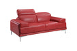 Red J & M Furniture Nicolo loveseat, a stationary two-seater sofa with plush upholstery and classic design.